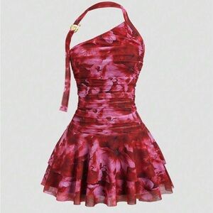 SHEIN Red Floral One-Shoulder Dress